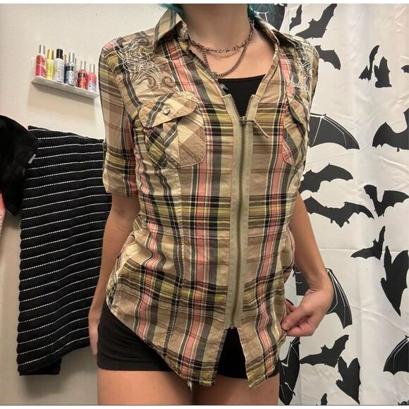 VTG Y2K Harley Davidson Madras Plaid Appliqué Full Zip Shirt Jacket sz M shacket - Picture 3 of 10